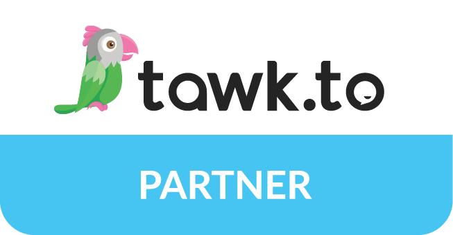Tawk.to logo with a cartoon parrot; below reads "PARTNER" in a blue bar.