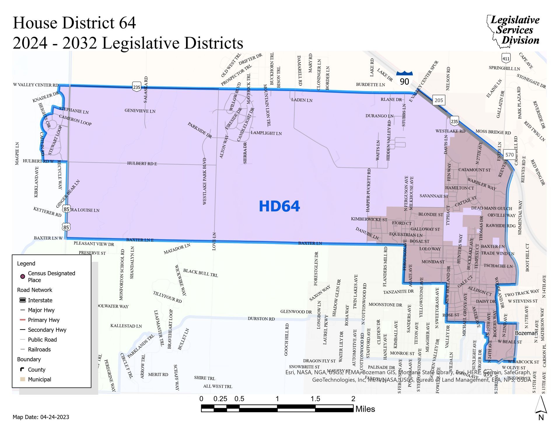 Map showing the boundaries of Legislative House District 64 for 2024-2032, highlighted in purple against a road network.