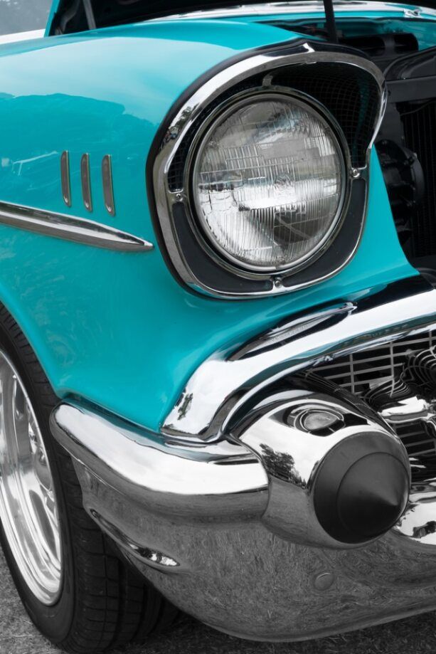 Headlight of a Blue Vintage Car — Car Detailing in Newcastle