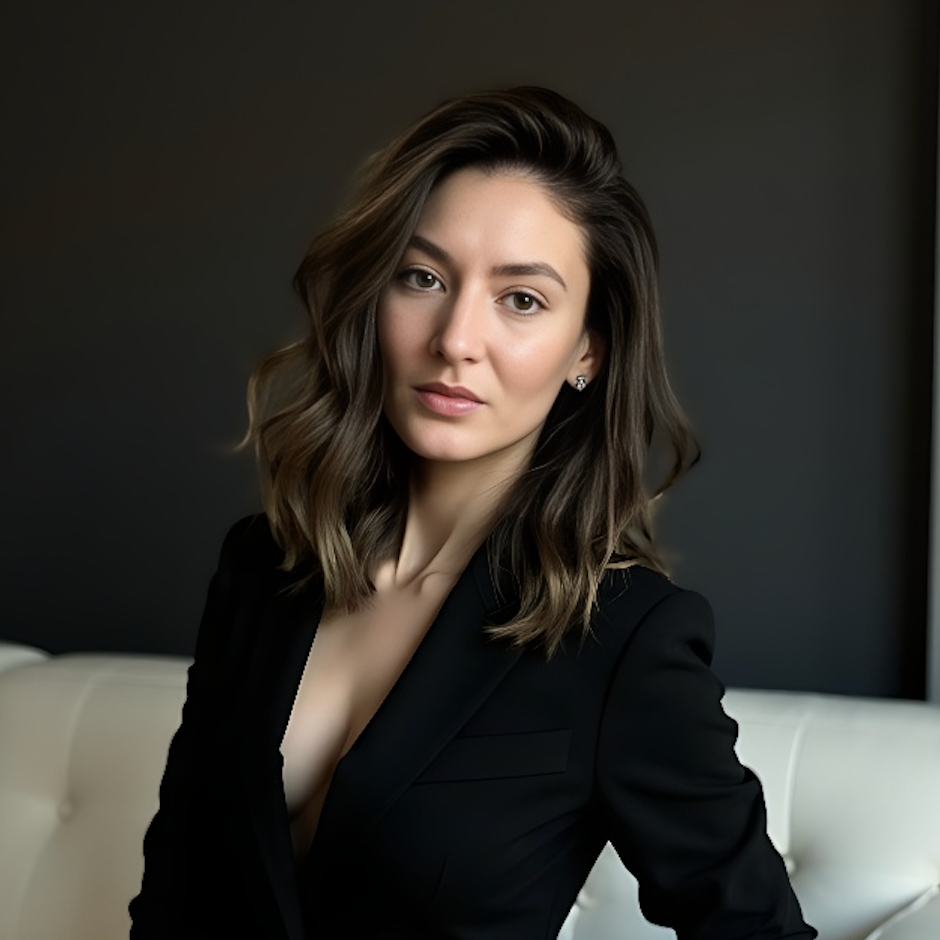A woman in a black jacket is sitting on a white couch