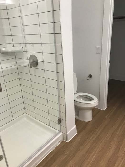 A bathroom with a toilet and a shower stall.