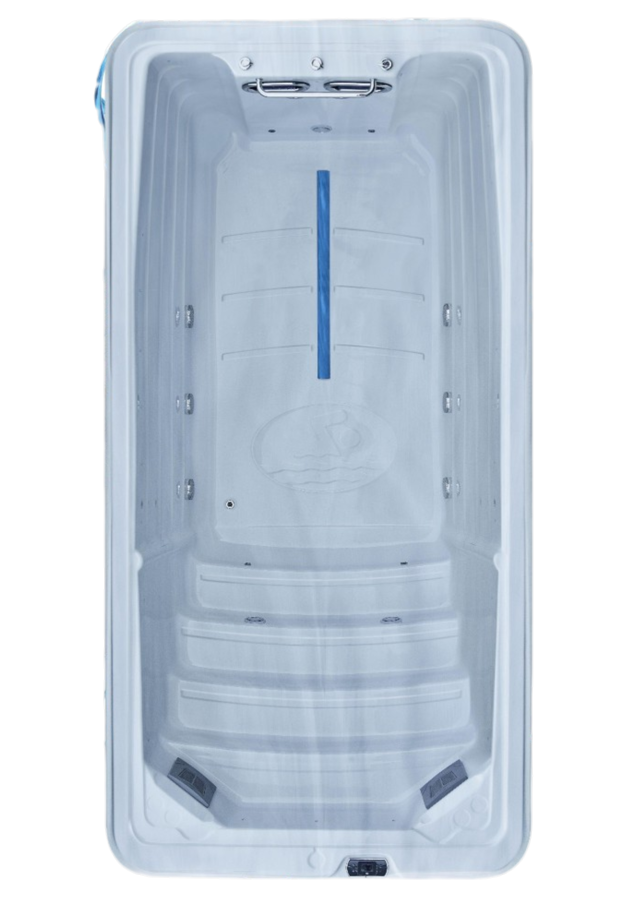 Top-down view of a white empty bathtub with a blue drain strip