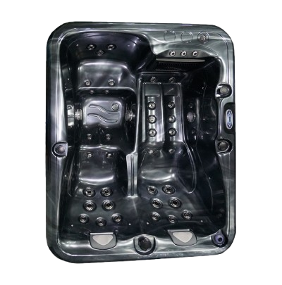 Black Hot Tub With Molded Seats, Jets, and Controls, Viewed From Above — Sun Cool Pools & Spas in Maryborough, QLD