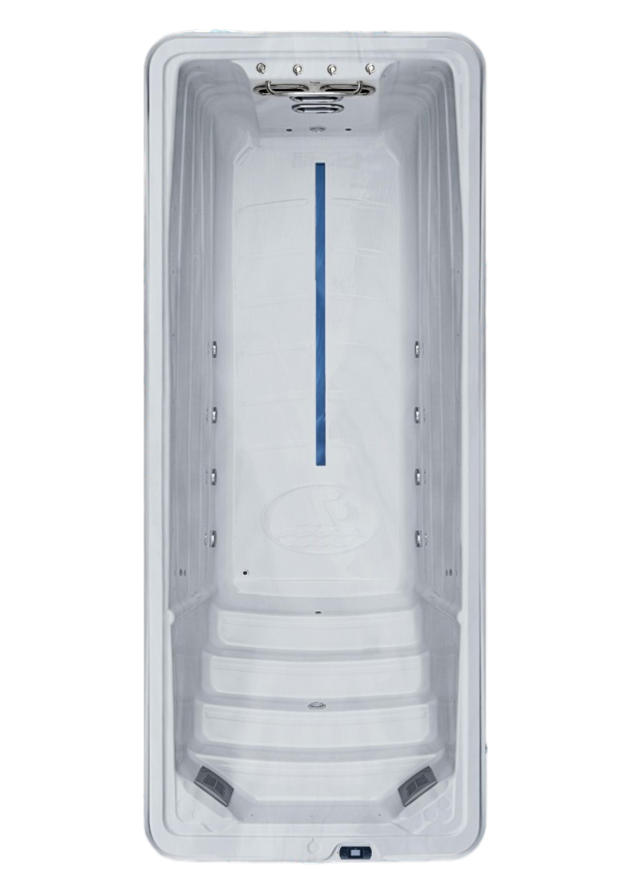 White rectangular bathtub with steps, blue center strip, and chrome fixtures
