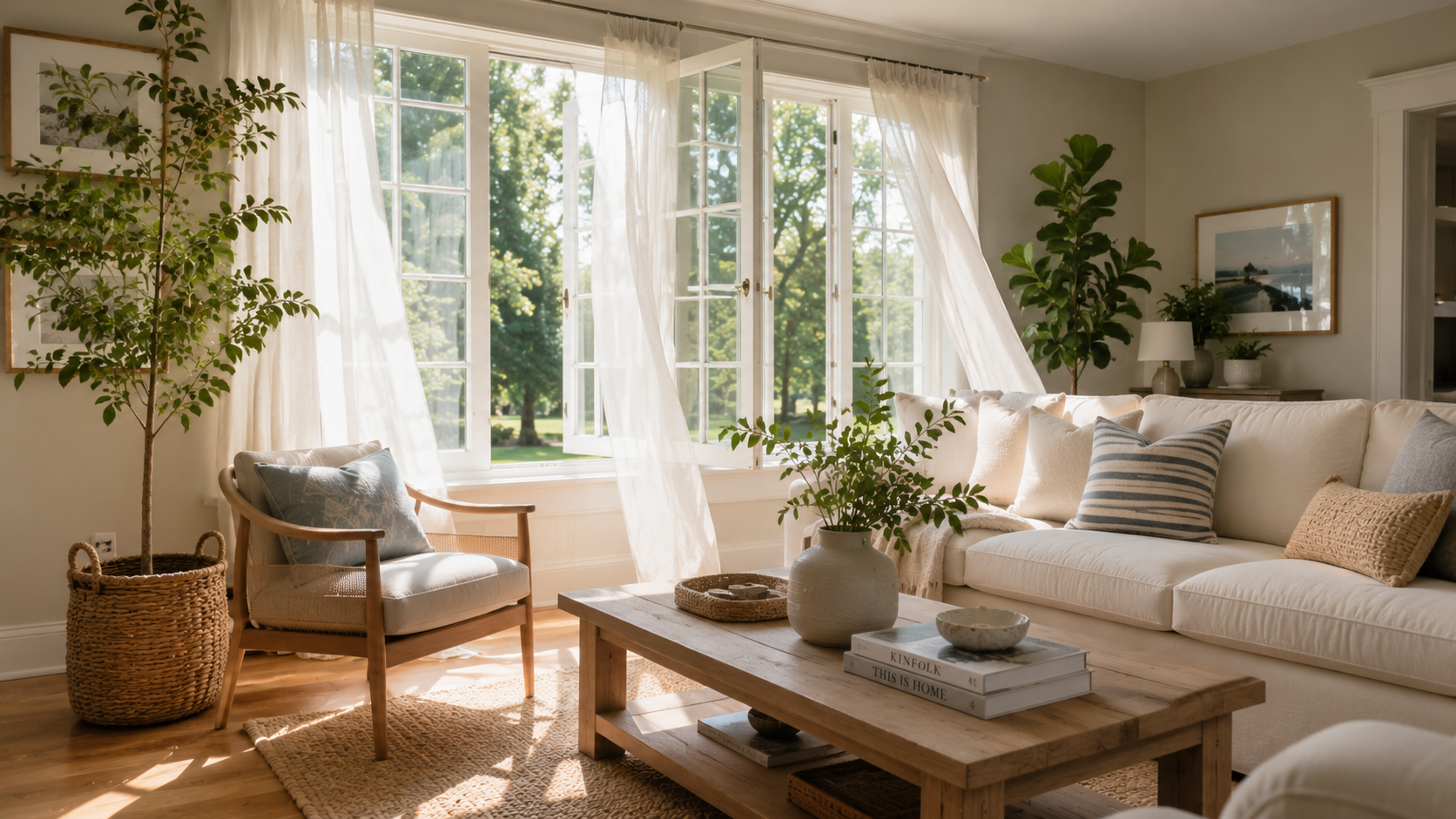Bright summer living room with open windows, light curtains, indoor plants, and soft neutral decor