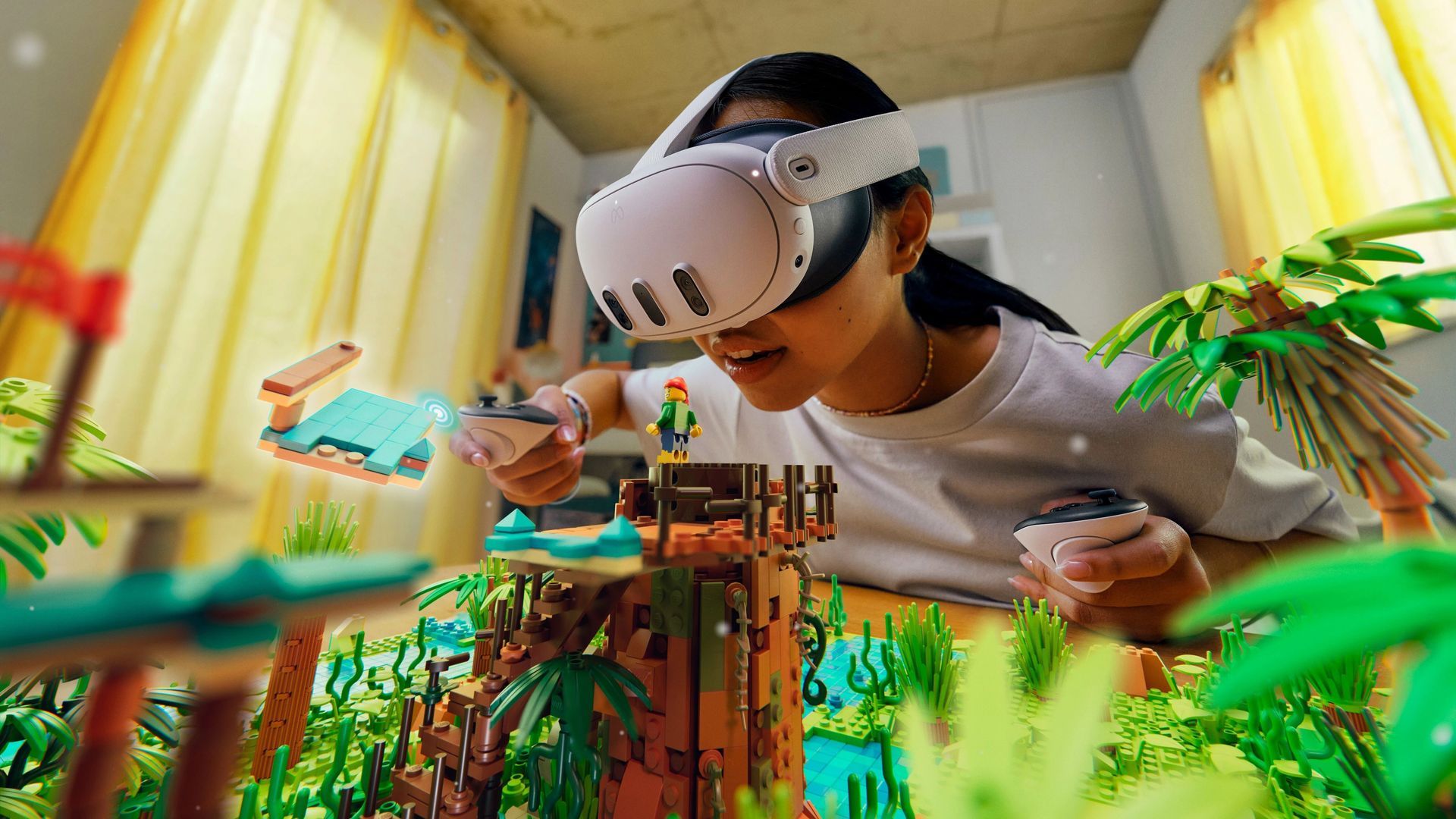 A woman wearing a virtual reality headset is playing a video game.