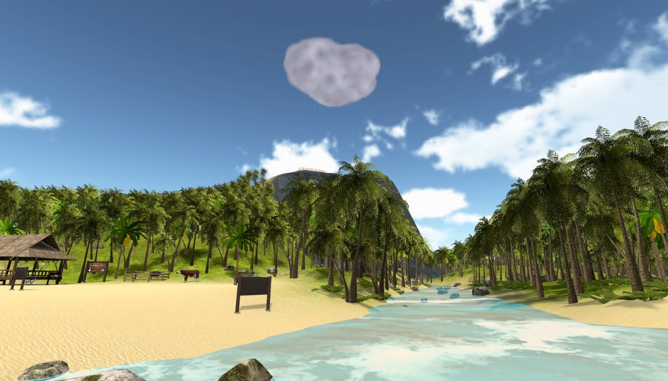 A computer generated image of a beach with a river and a mountain in the background.