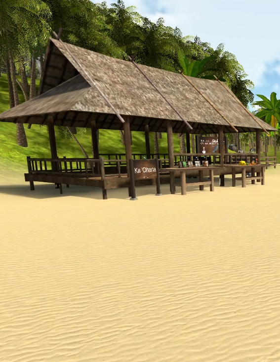 A thatched hut on a sandy beach with a sign that says ' by diana ' on it