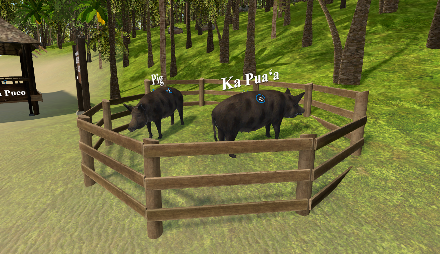 Two pigs are standing in a wooden fence in a forest.