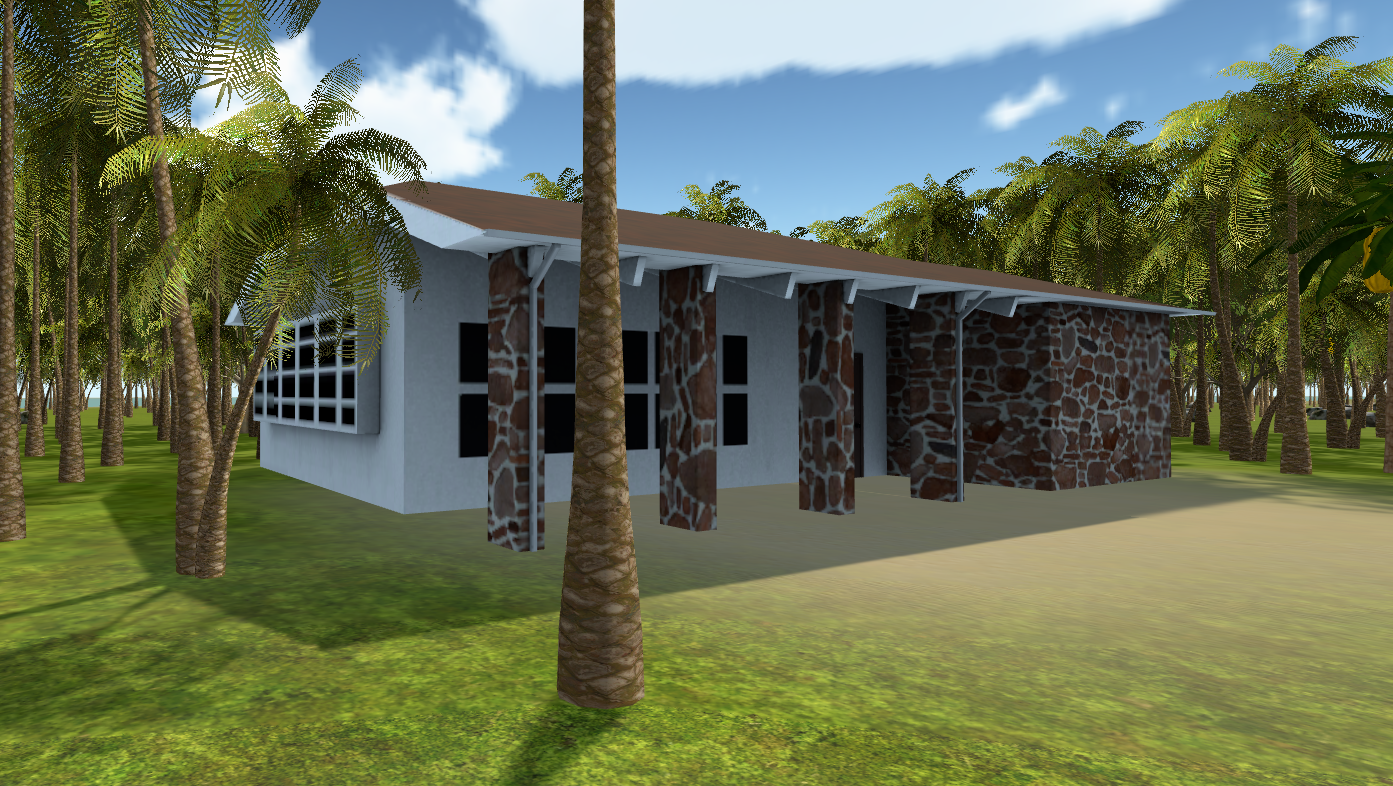 A computer generated image of a house in the middle of a forest.