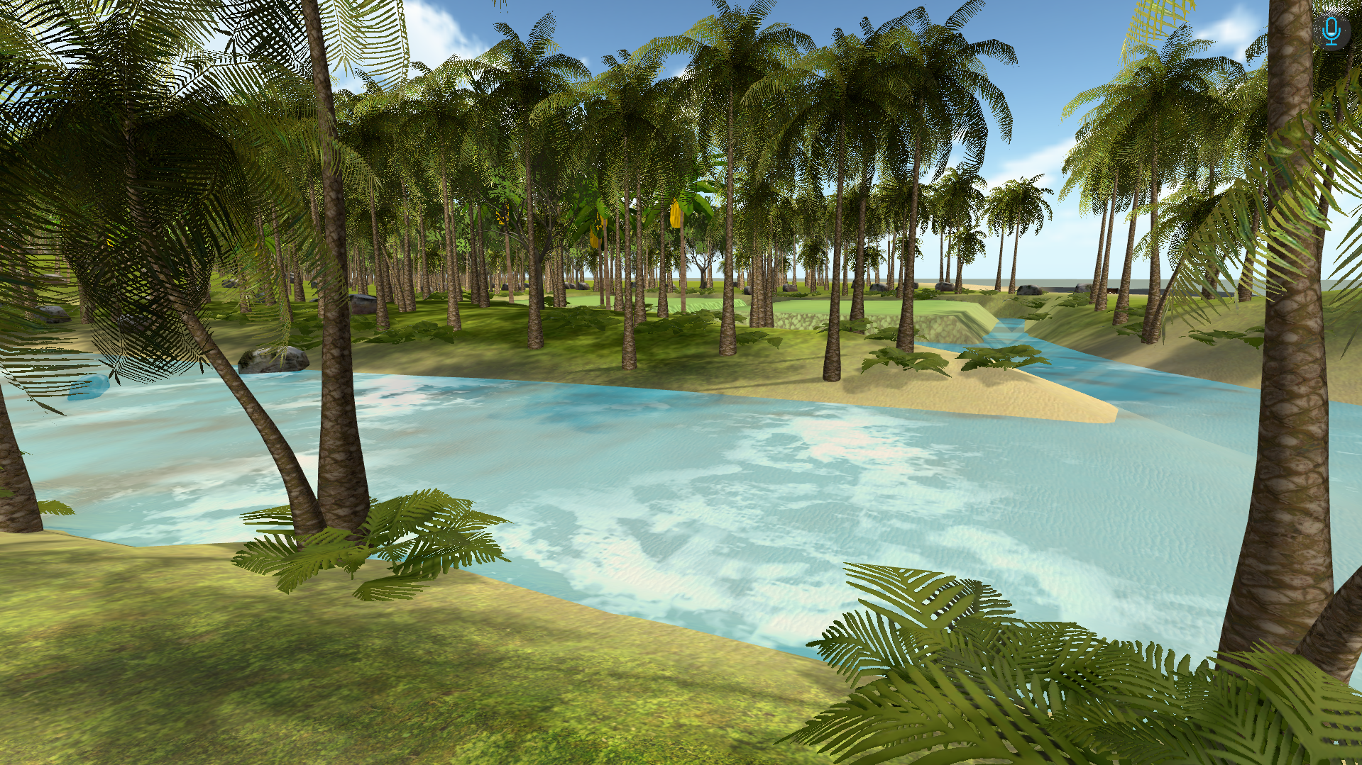 A sunset over a swimming pool with palm trees in the foreground