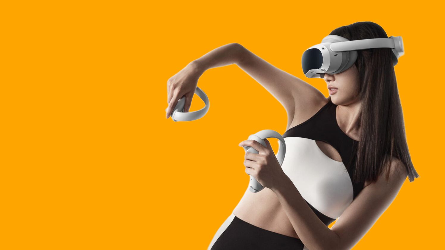 A woman is wearing a virtual reality headset and holding a controller.