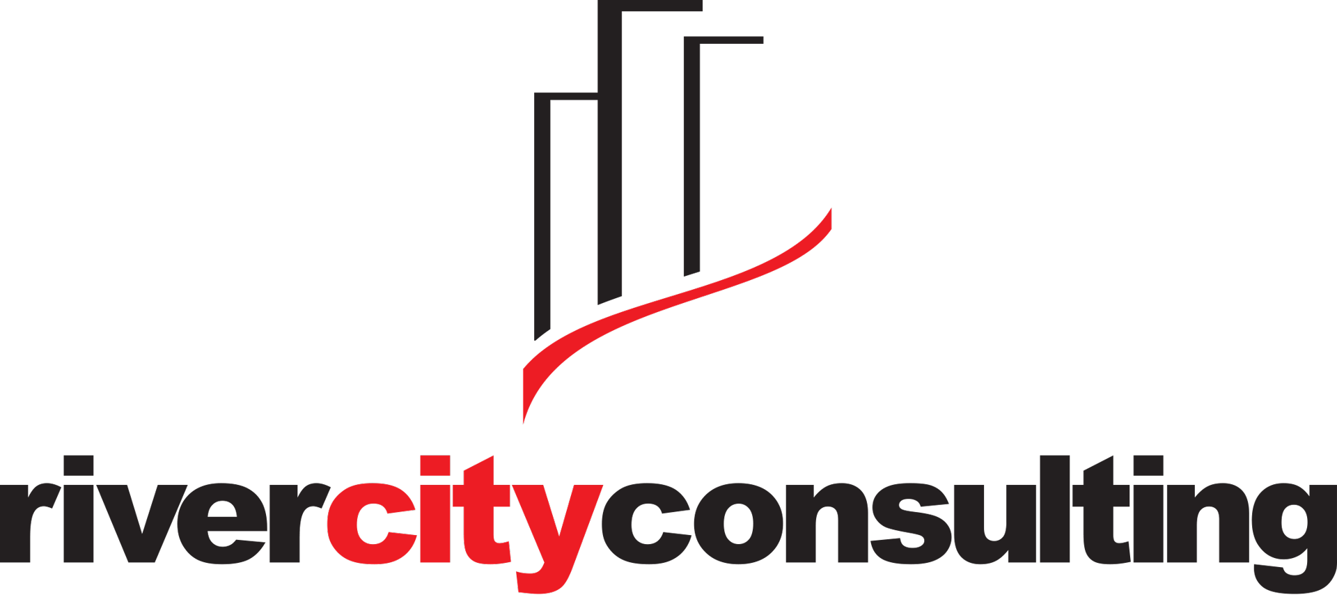 The logo for rivercity consulting is black and red with a building in the middle.