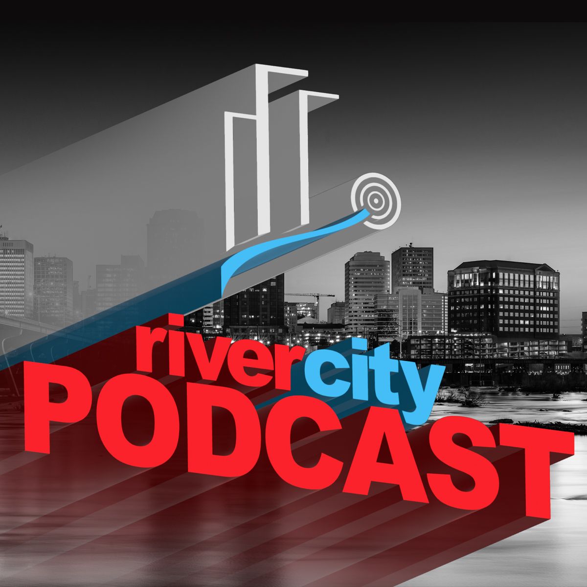 A river city podcast logo with a city in the background