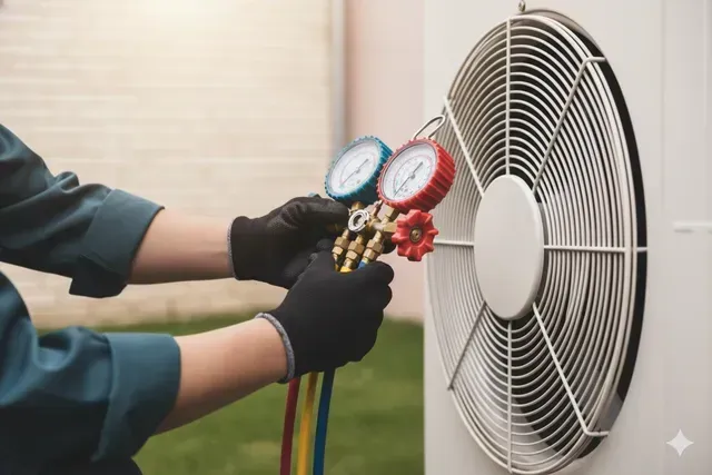 Hands wearing black gloves holding gauges connected to an outdoor AC unit.