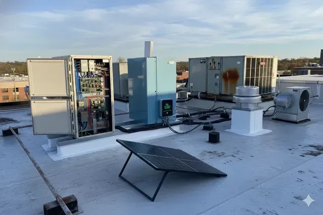 Rooftop with electrical boxes, HVAC units, and a solar panel on a flat roof.