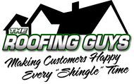 a logo for the roofing guys making customers happy every shingle time