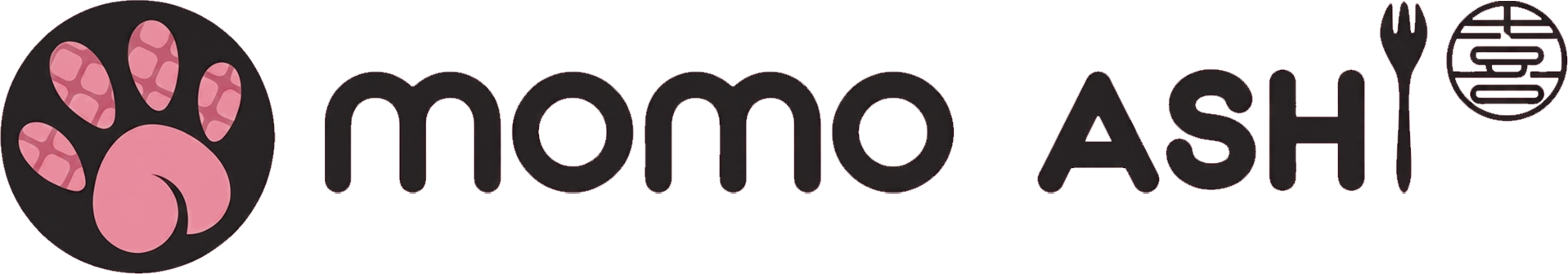 The "momo ASH" logo features a pink paw print icon next to the black text, with a fork replacing the letter "I".