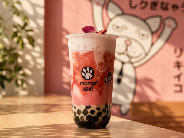 A bubble tea with strawberry-colored layers and tapioca pearls in a branded clear cup, set against a pink illustrated wall.
