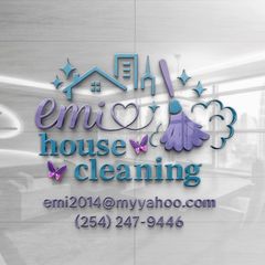 Logo for Emi House Cleaning with purple and blue house and cleaning icons, email, and phone number