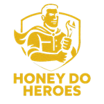 A logo for honey do heroes with a man holding a wrench