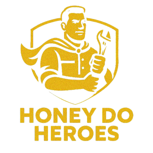 A logo for honey do heroes with a man holding a wrench
