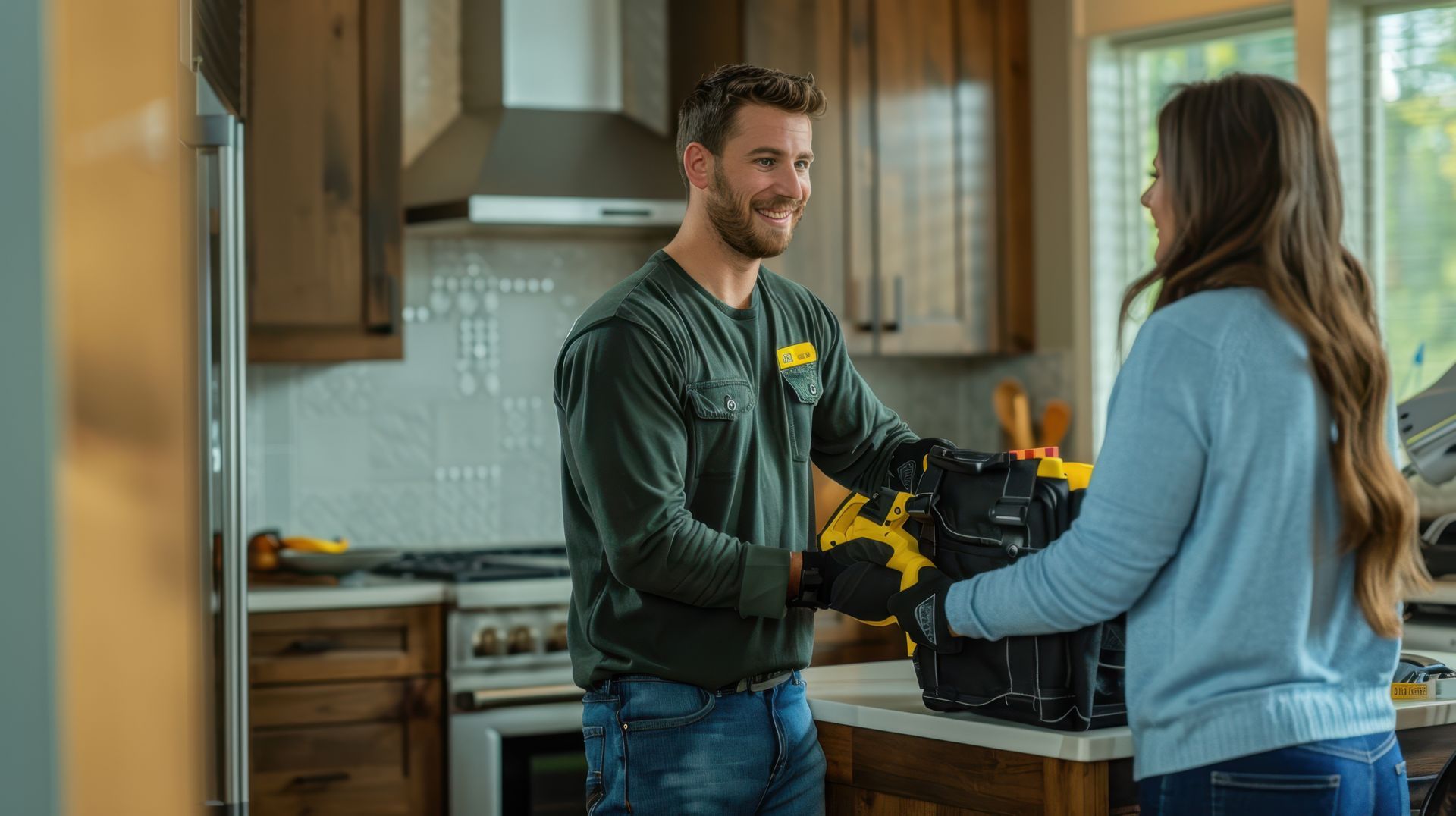 A man is holding a toolbox and talking to a woman in a kitchen.