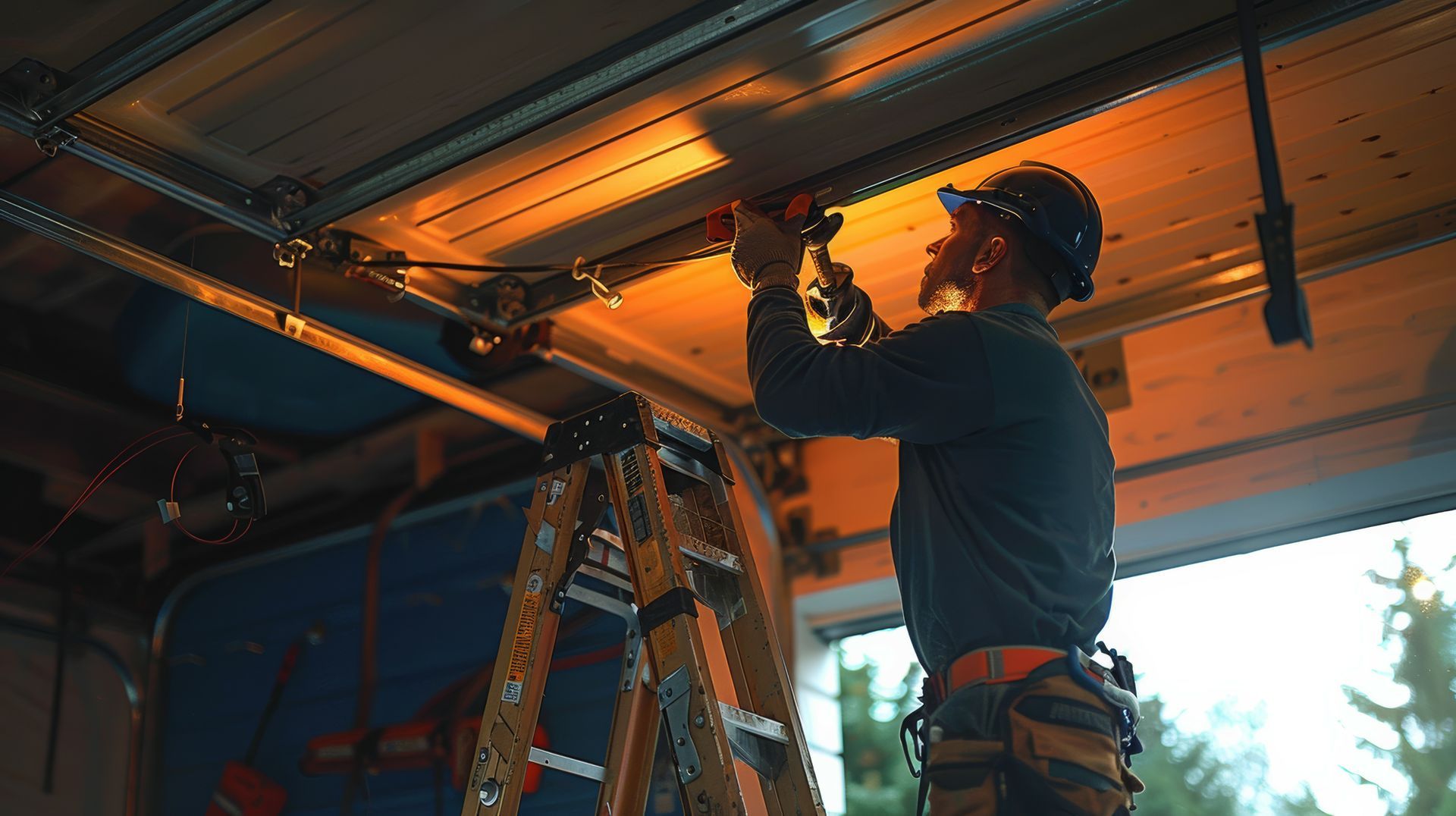 A man is working on a garage door with a ladder.