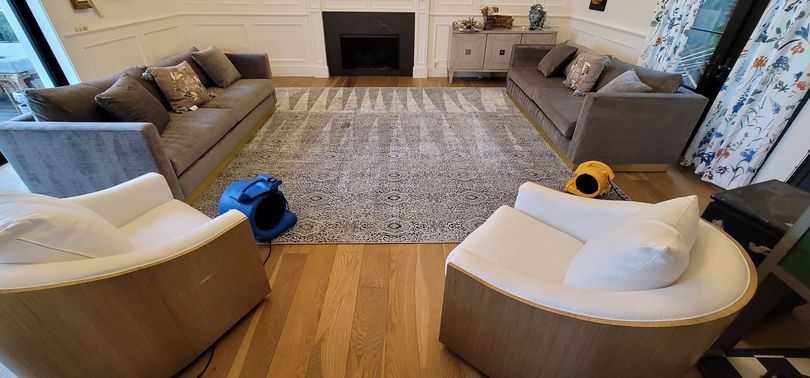 Bright living room with gray sofa, two white chairs, patterned rug, and fireplace
