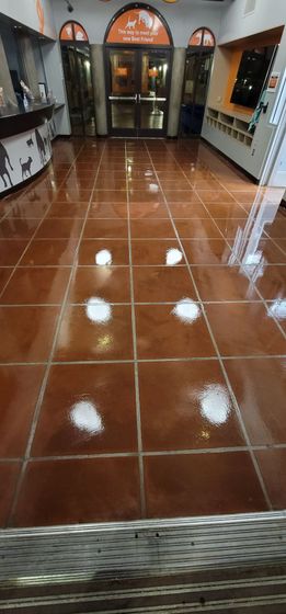 Shiny brown tiled hallway with reflections, leading to glass doors and display counters in the distance
