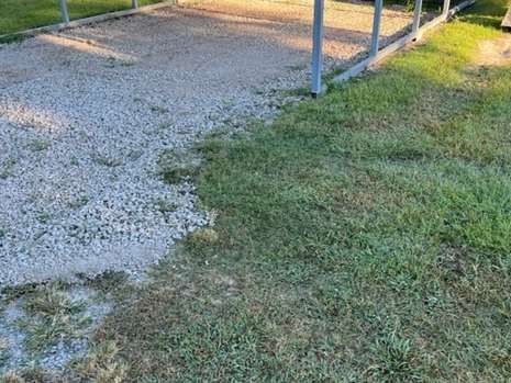 A gravel driveway surrounded by grass and a metal fence.