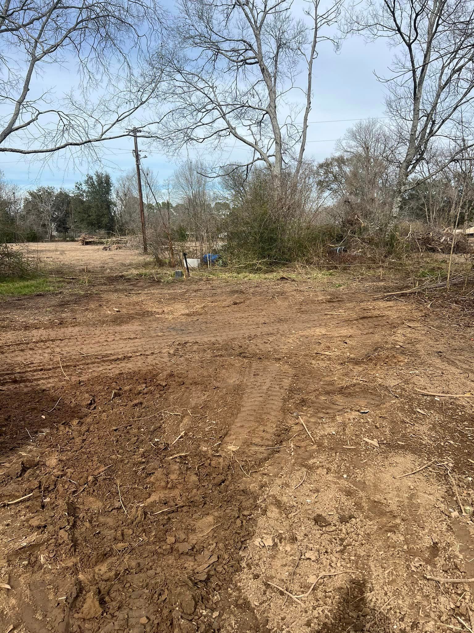 A dirt road going through a field with trees in the background.