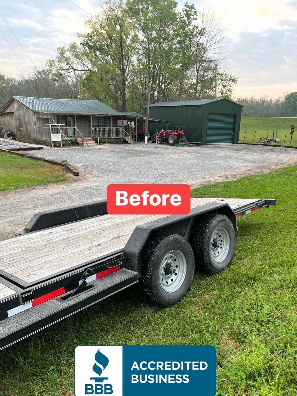 A before and after photo of a trailer parked in front of a house.