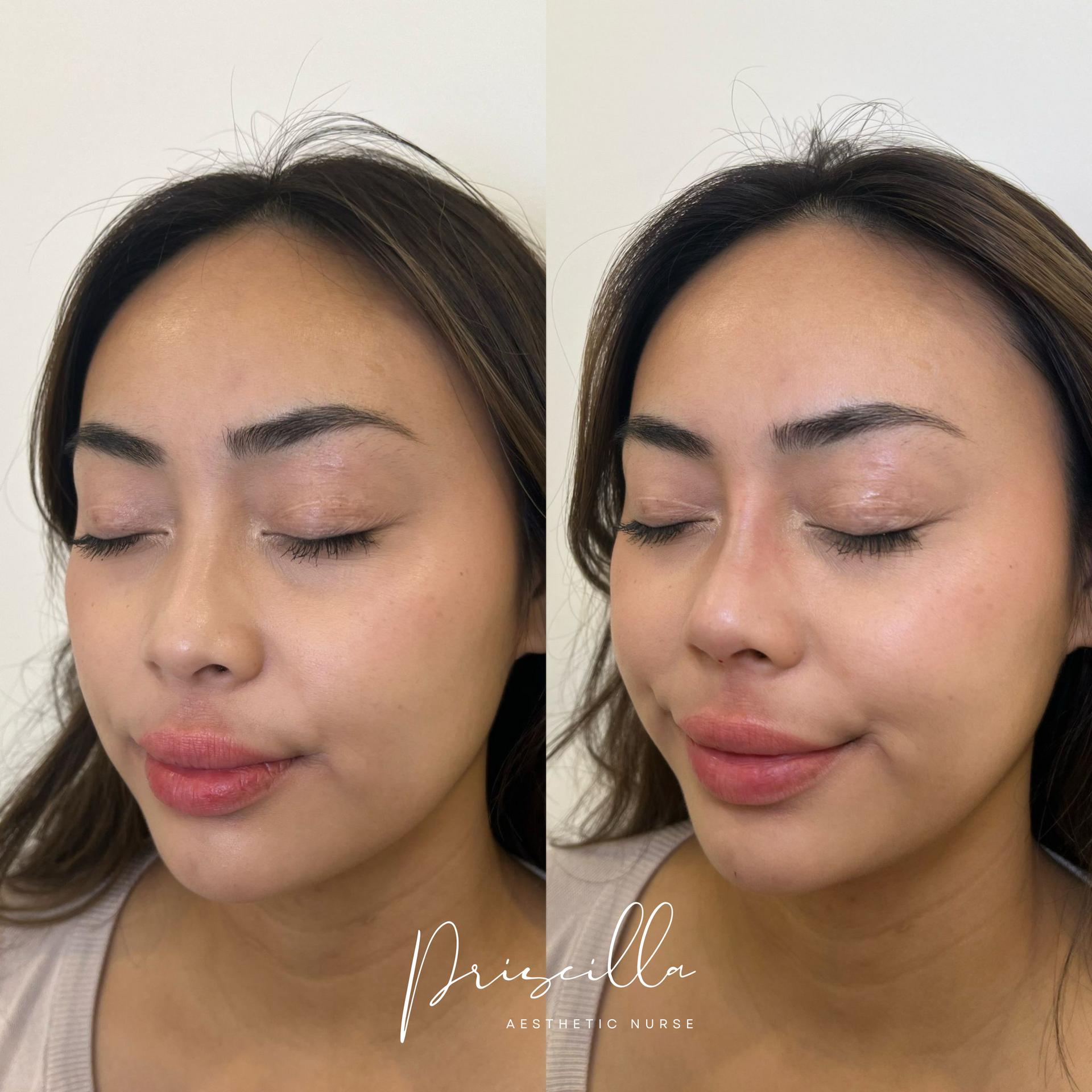 a before and after photo of a woman 's face with her eyes closed