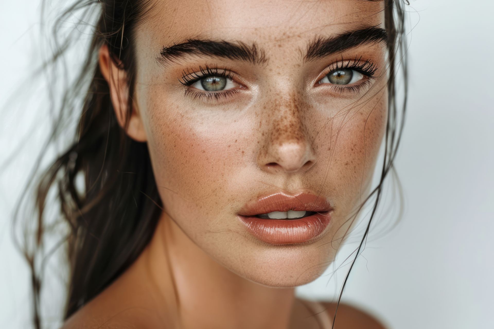 A close up of a woman 's face with freckles and green eyes.