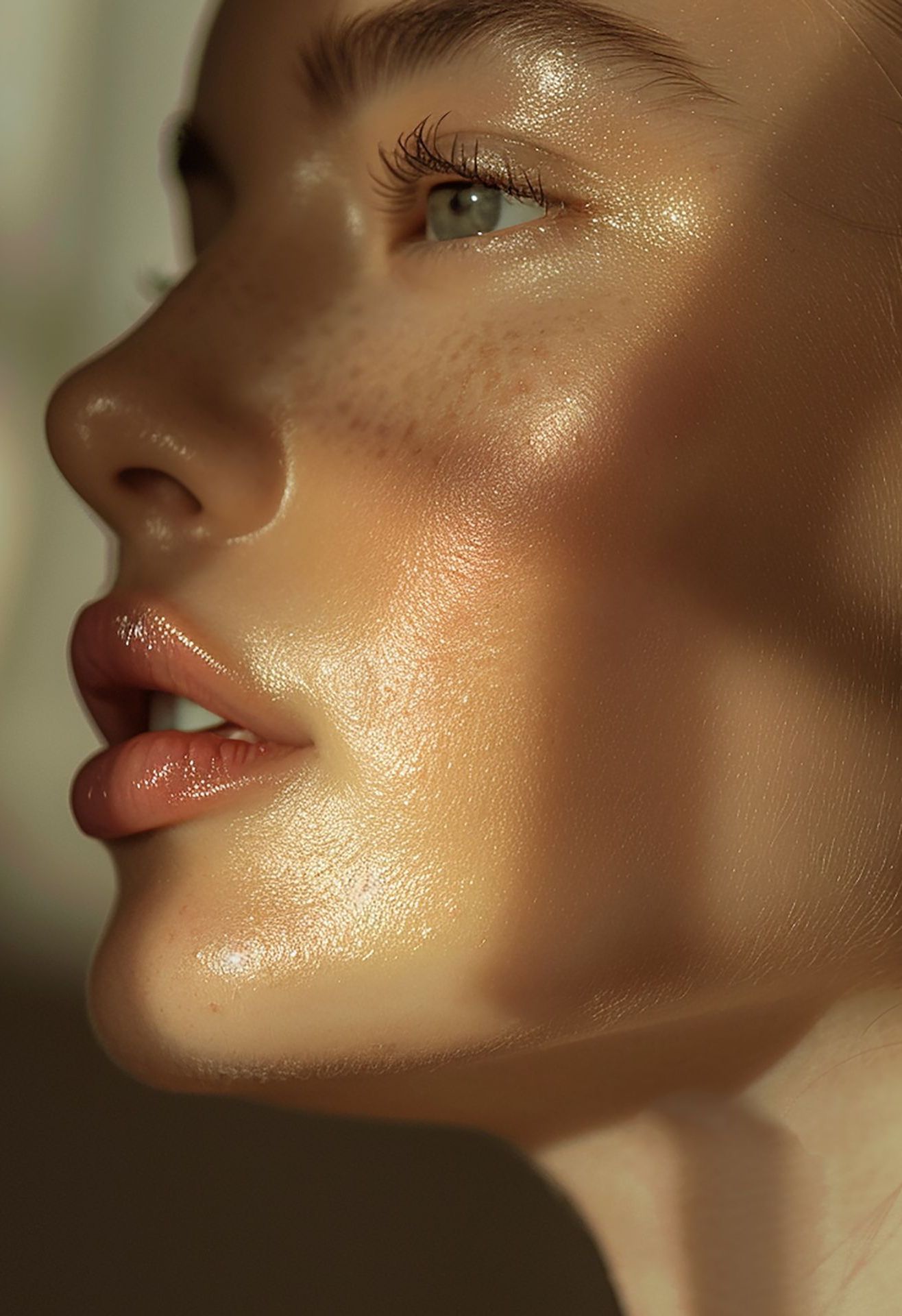 A close up of a woman 's face with a lot of oil on it.