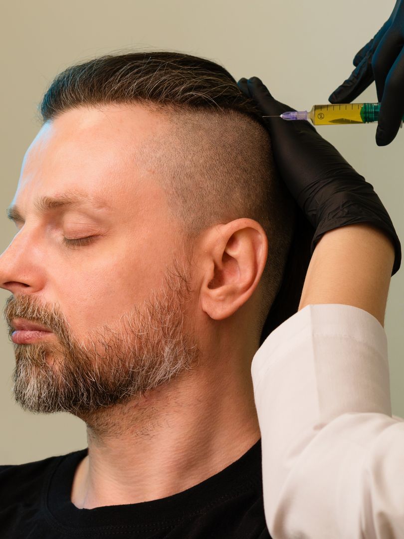 A man with a beard is getting an injection in his hair
