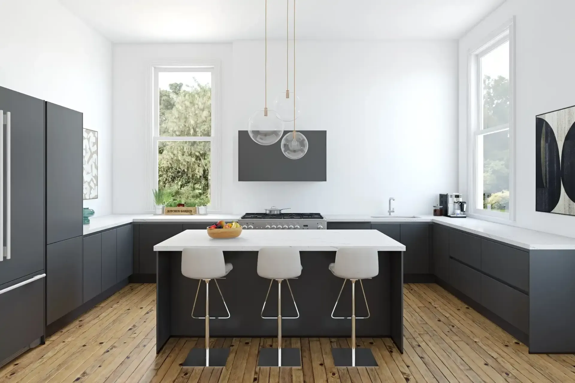Blue-gray cabinet door with a horizontal recessed line near the top.
