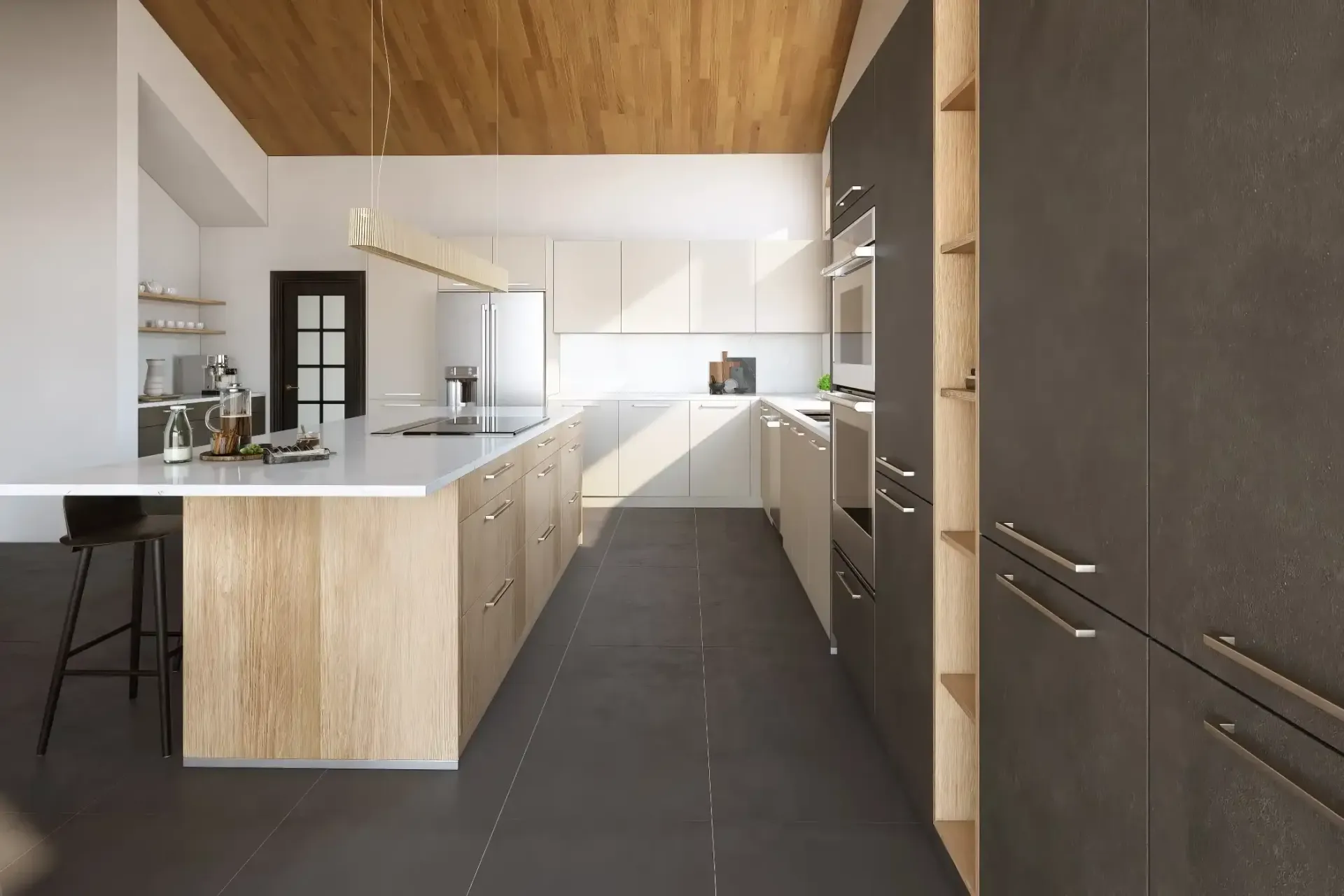 Light oak cabinet door with vertical grain, a thin black horizontal line near the top.