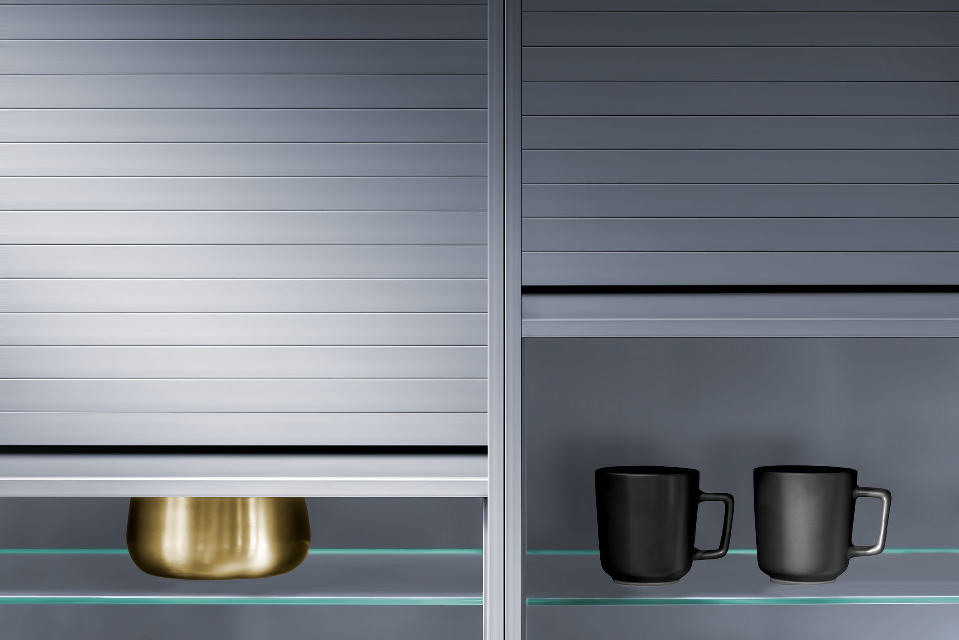 Silver rolling cabinet doors partially open to reveal a gold pot and two black mugs on glass shelves.