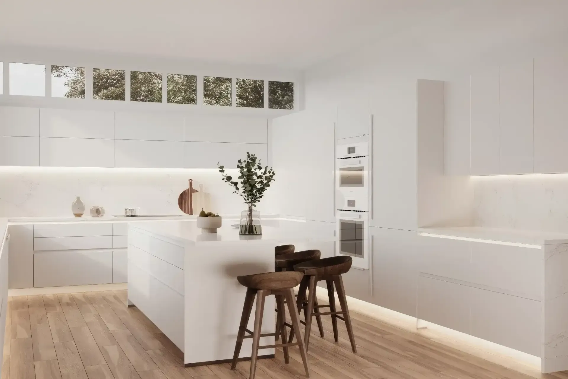 Cream-colored kitchen cabinet door with a simple, horizontal black line at the top.