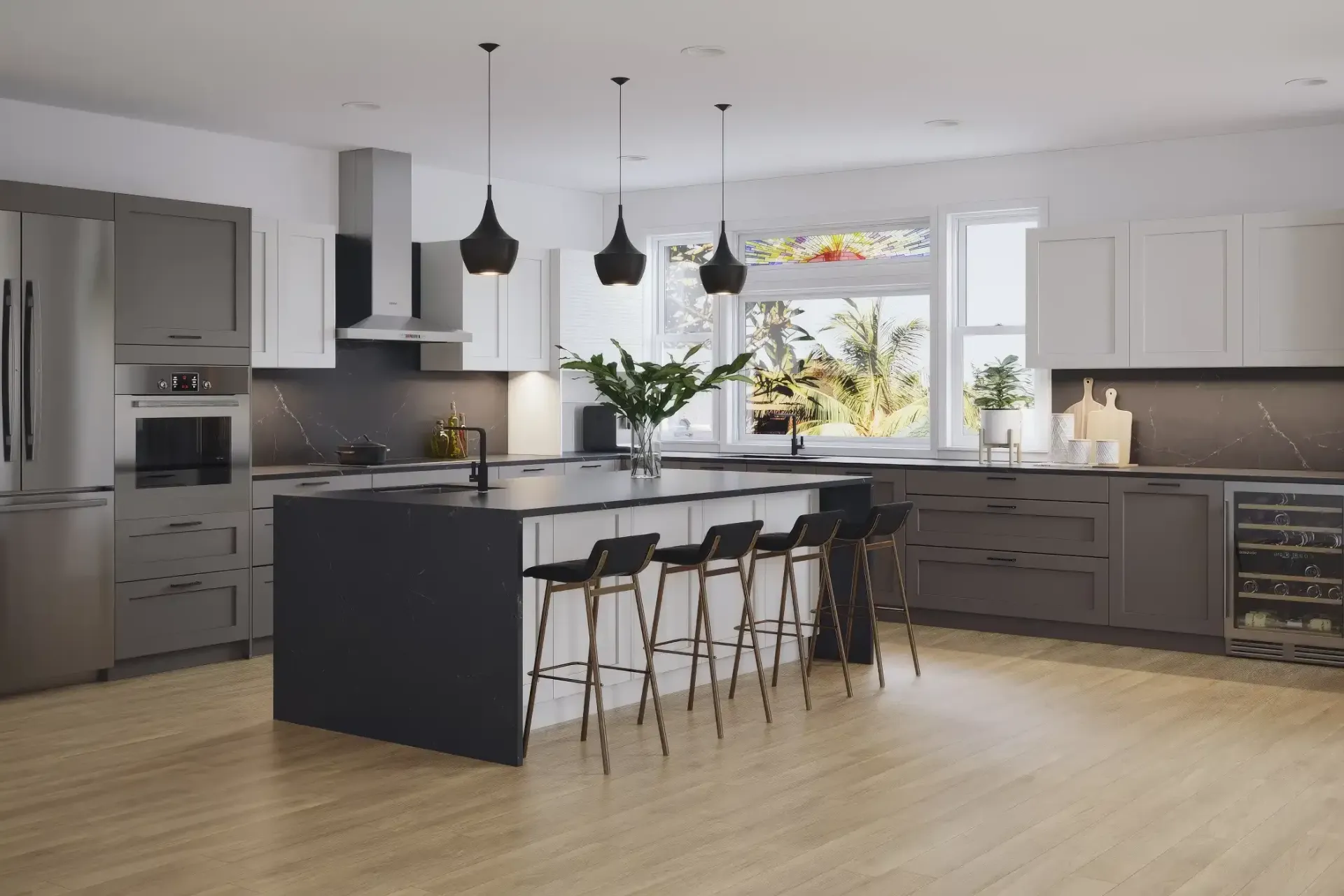 Cream-colored kitchen cabinet door with a raised-panel design.