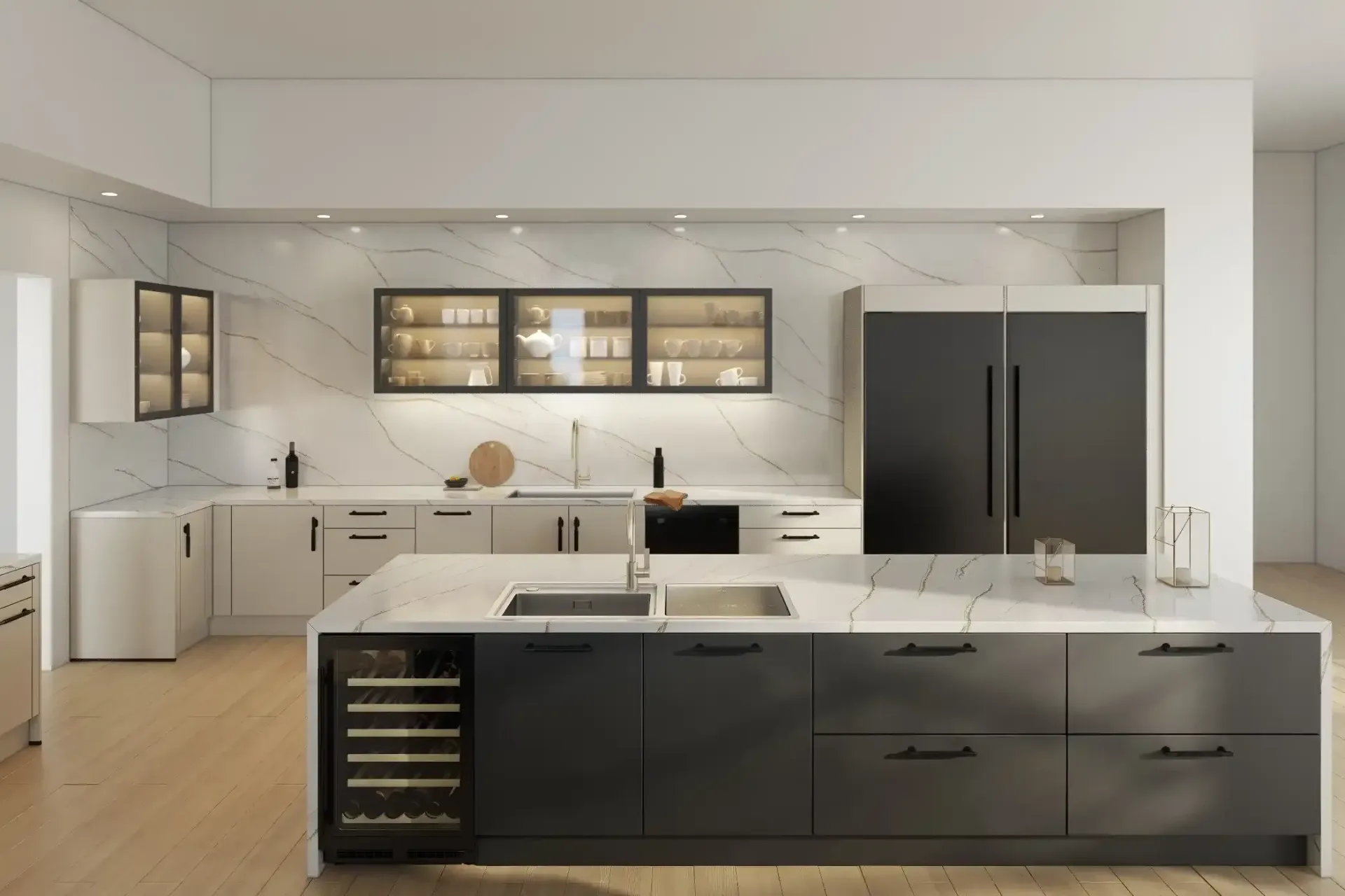 Black wooden cabinet door with vertical grain.