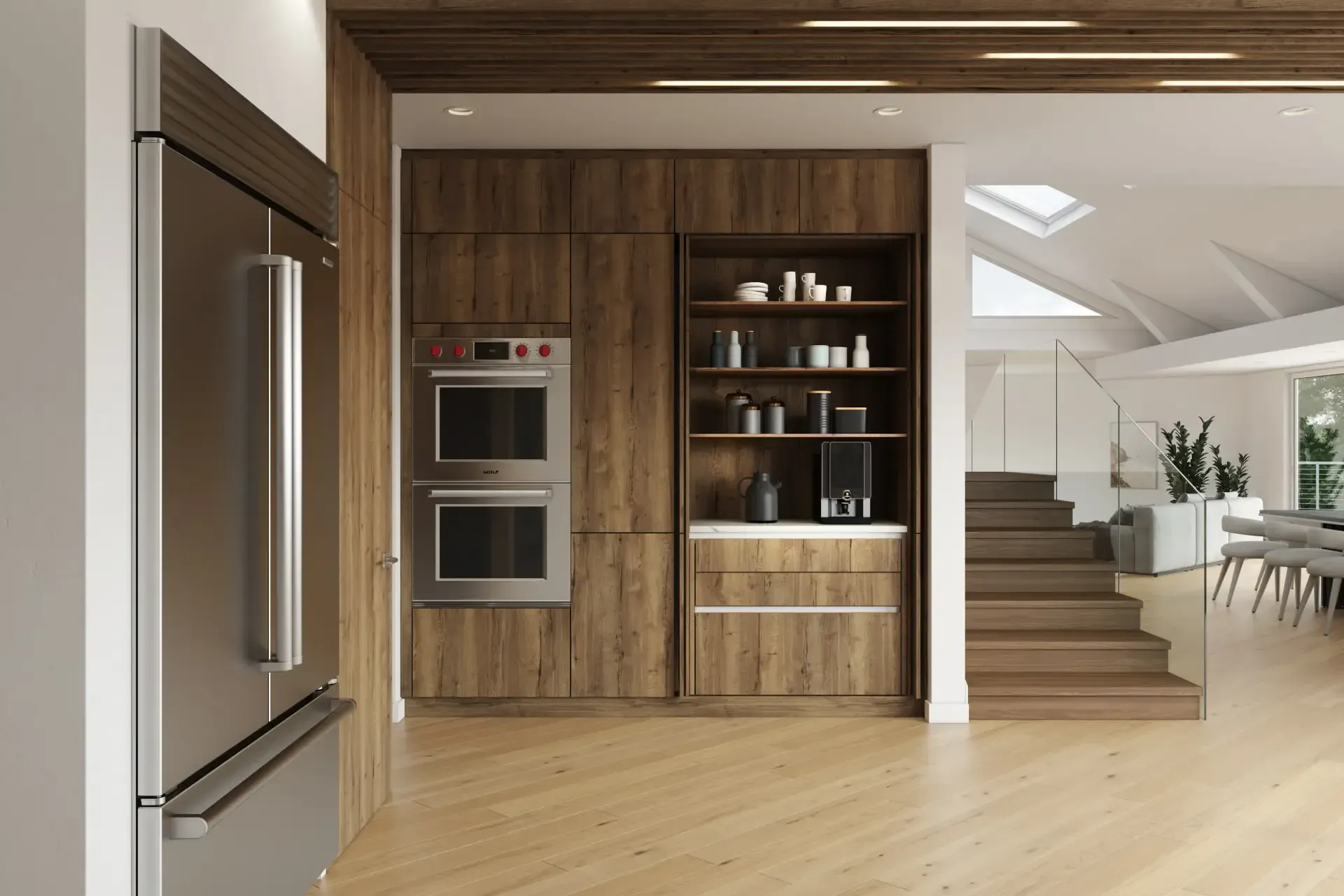 Modern kitchen with wood cabinetry, stainless steel appliances, and open shelving. Adjacent living room with a staircase and skylights. Modern kitchen with wood cabinetry, stainless steel appliances, and open shelving. Adjacent living room with a staircase and skylights.