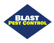 a blue and yellow logo for a company called blast pest control .
