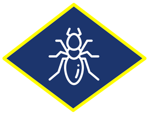 a termite icon in a diamond shape on a blue background .