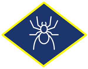 a spider icon on a blue diamond with a yellow border .