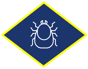 a tick icon in a blue diamond with a yellow border .