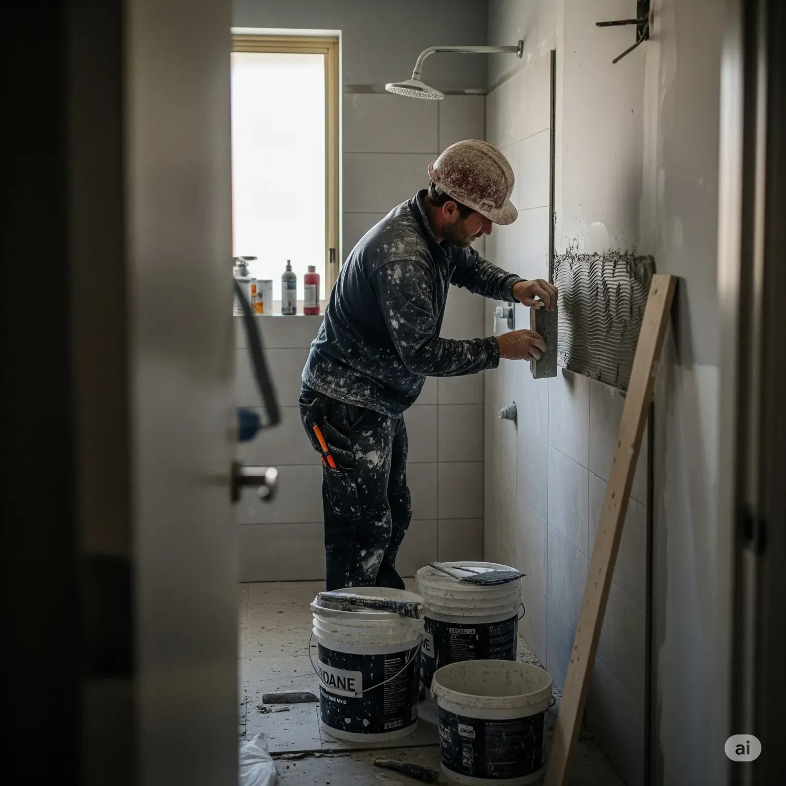 Licensed bathroom renovator tiling a bathroom wall in Neutral Bay.