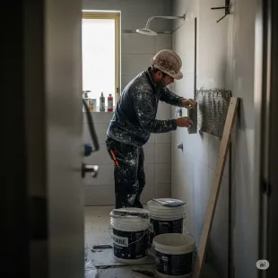 Licensed bathroom renovator tiling a bathroom wall in Neutral Bay.